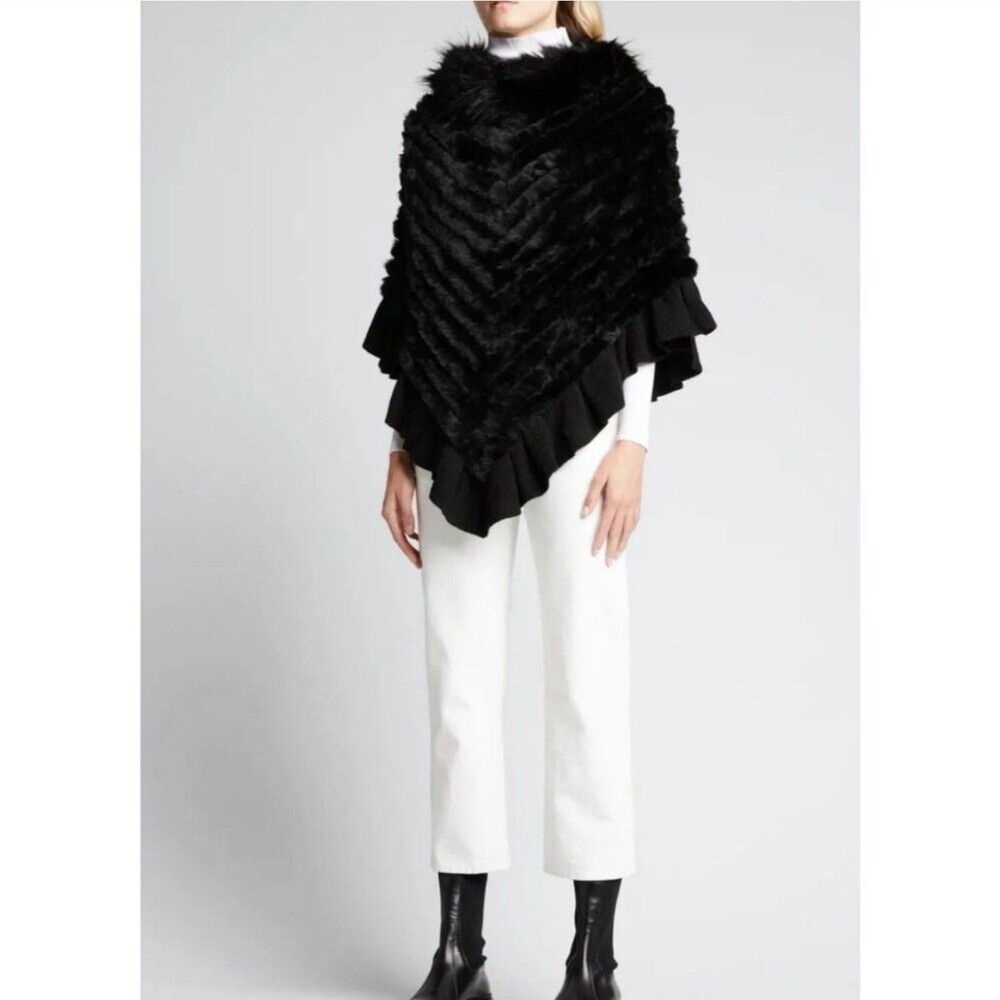 PIA ROSSINI One Size Rhiona Quilted Black Faux Fur Poncho Coat Quiet Luxury